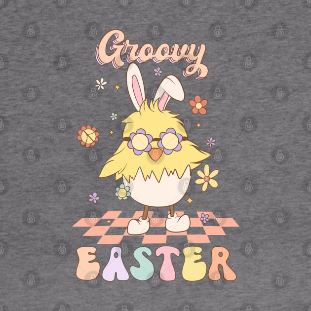 Groovy Easter Funny Chick with Bunny Ears Dancing on the floor by JDVNart